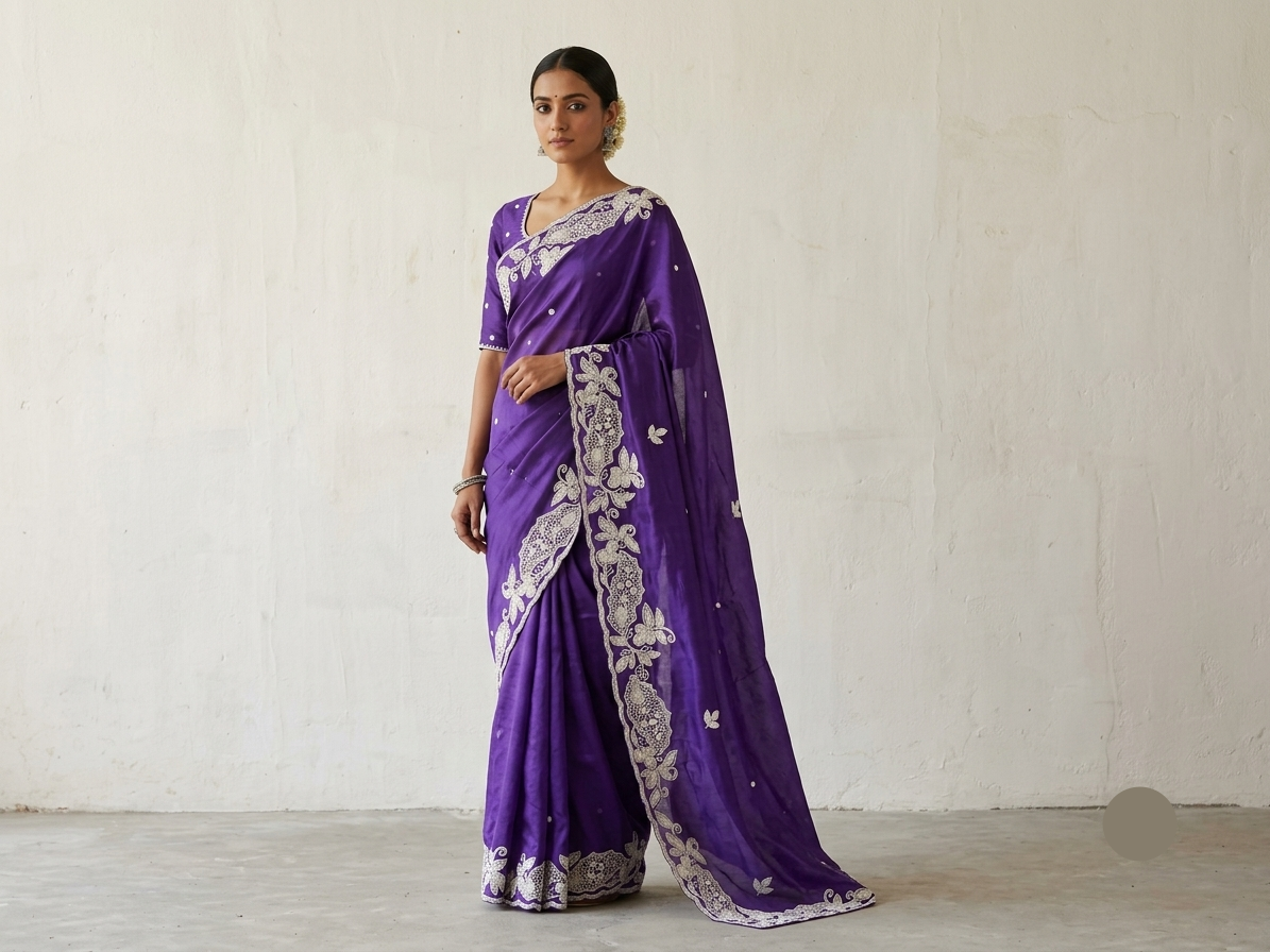 Royal Purple Soft Saree with Intricate Floral Lace Border and Elegant Pallu