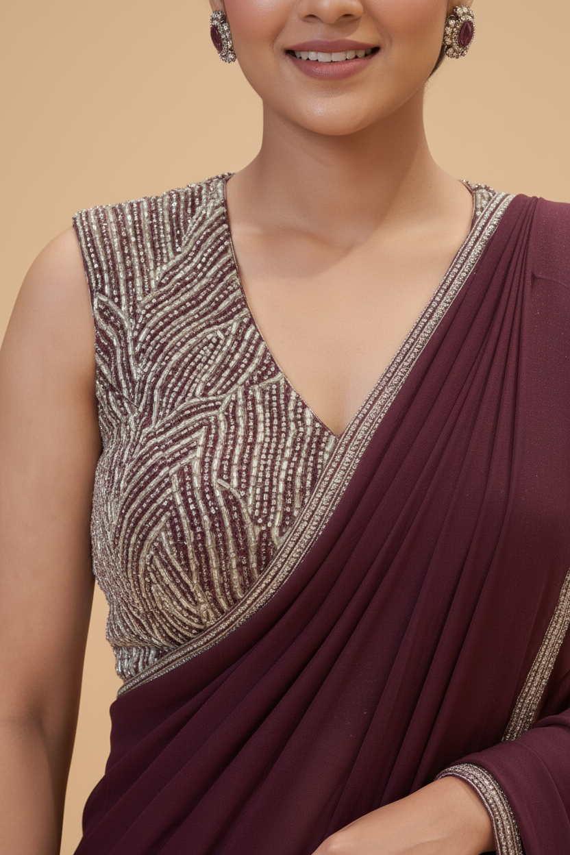 Deep Wine Pre-Stitched Saree Secondary image