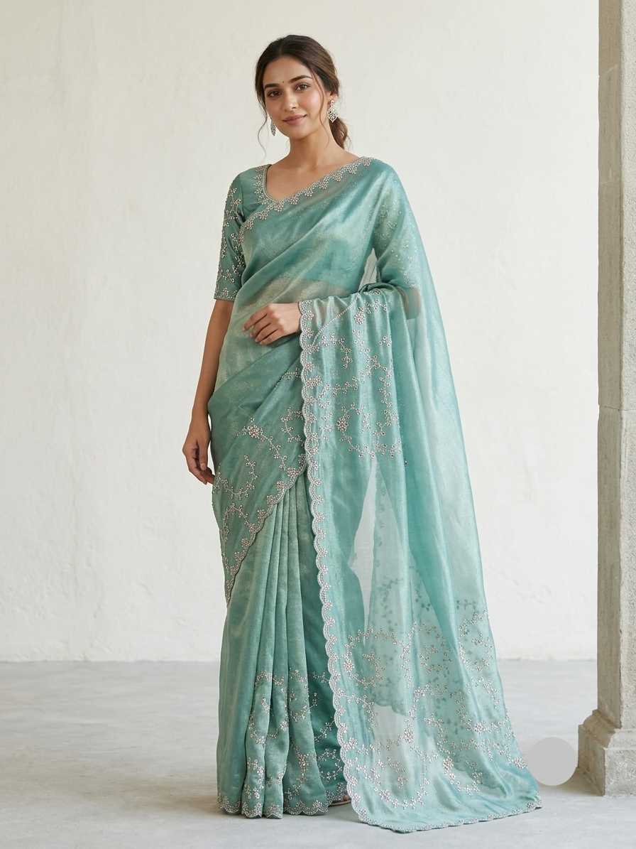Aqua Blue Organza Saree with Delicate Floral Embroidery