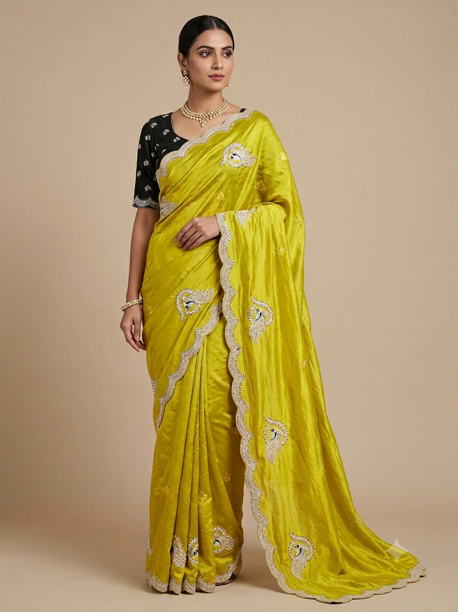 Bright Yellow Silk Saree with Designer Embroidered Border Main image