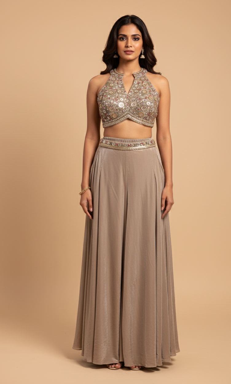 Taupe Shimmer Crop Top & Palazzo Set (5187 GA-21) Main image