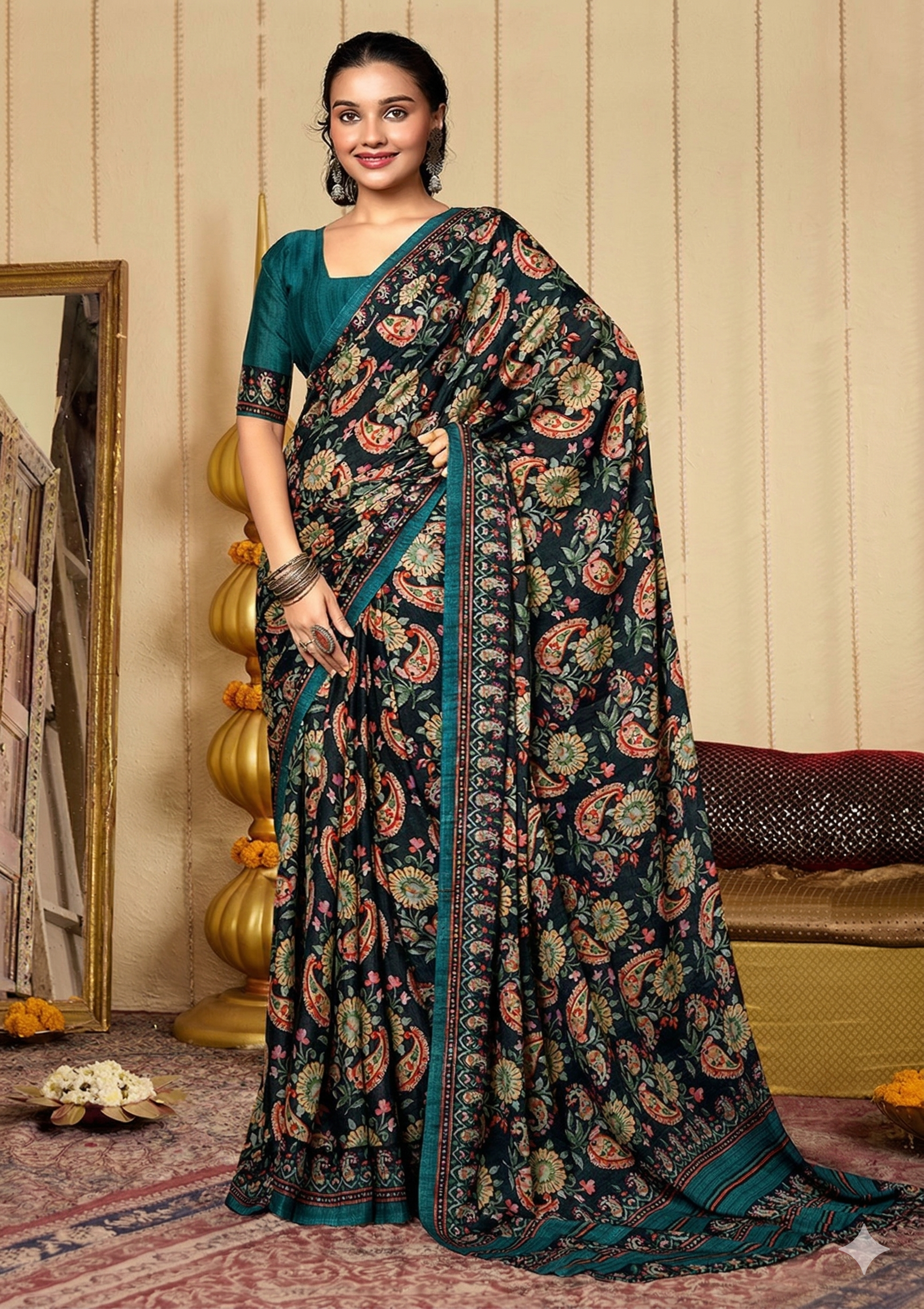 Midnight Emerald Paisley Georgette Saree Main image