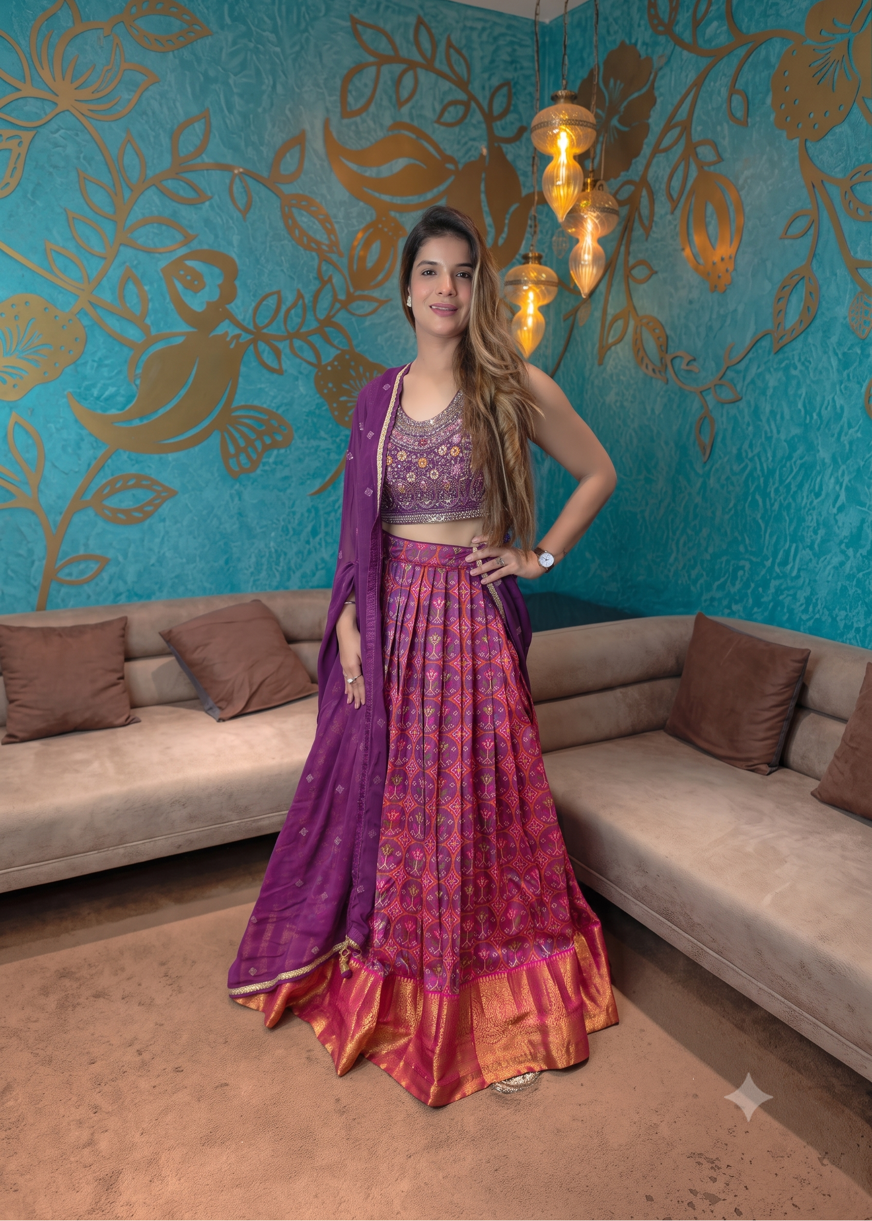 Purple Ikat Print Silk Lehenga Set