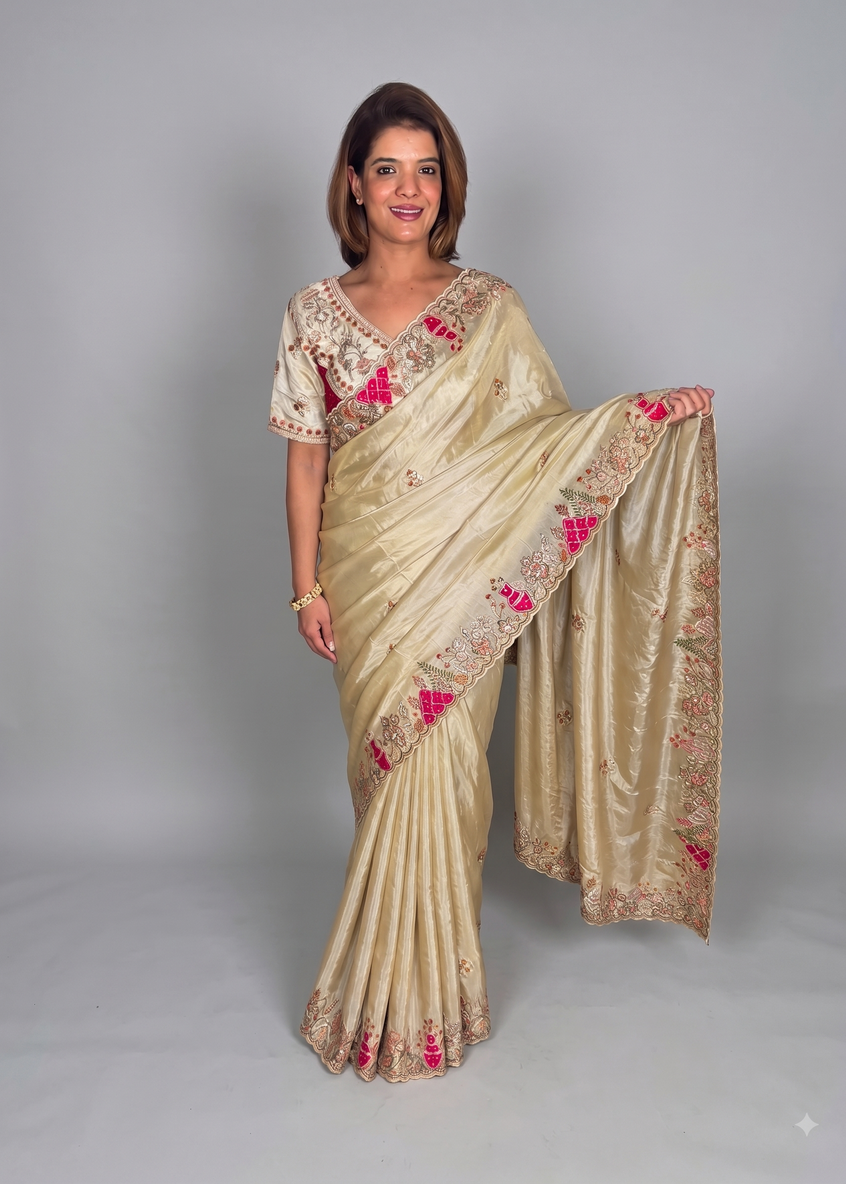 Floral Beige Gold Silk Saree Main image