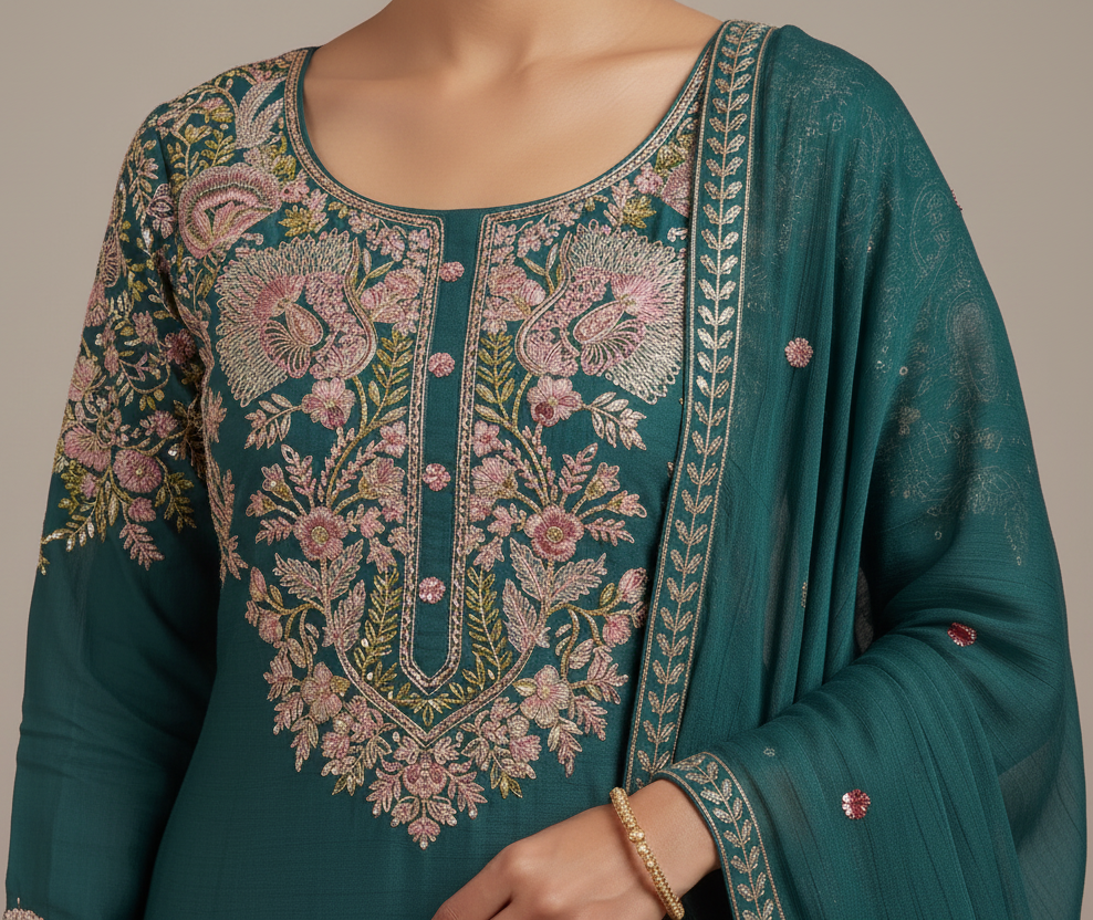 Teal Radiance Embroidered Sharara Set