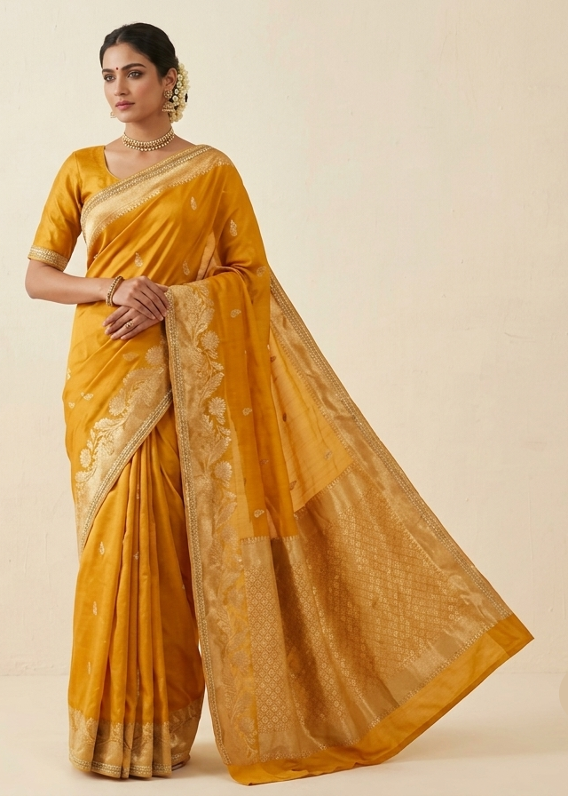 Elegant Mustard Yellow Soft Fabric Saree with Floral Woven Border Main image