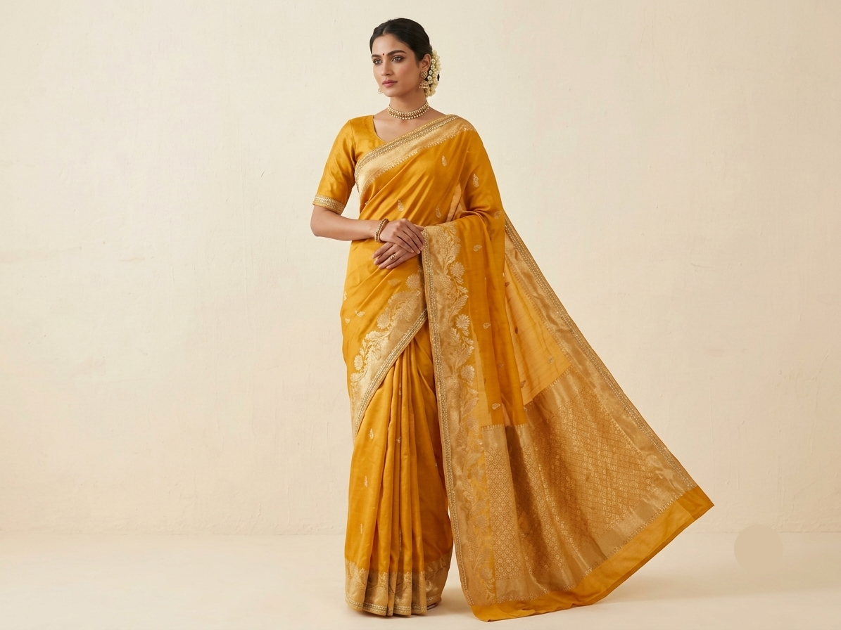 Elegant Mustard Yellow Soft Fabric Saree with Floral Woven Border