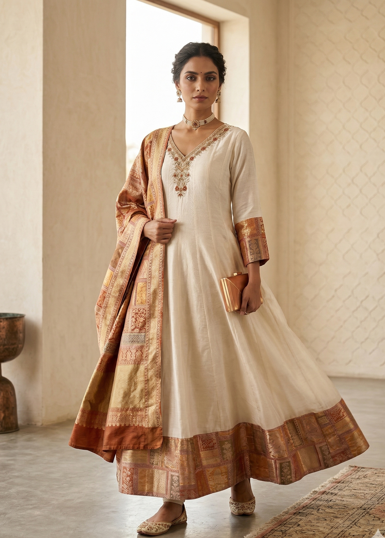 Shop Ivory Anarkali Set with Banarasi Brocade Borders Suit Online Main image