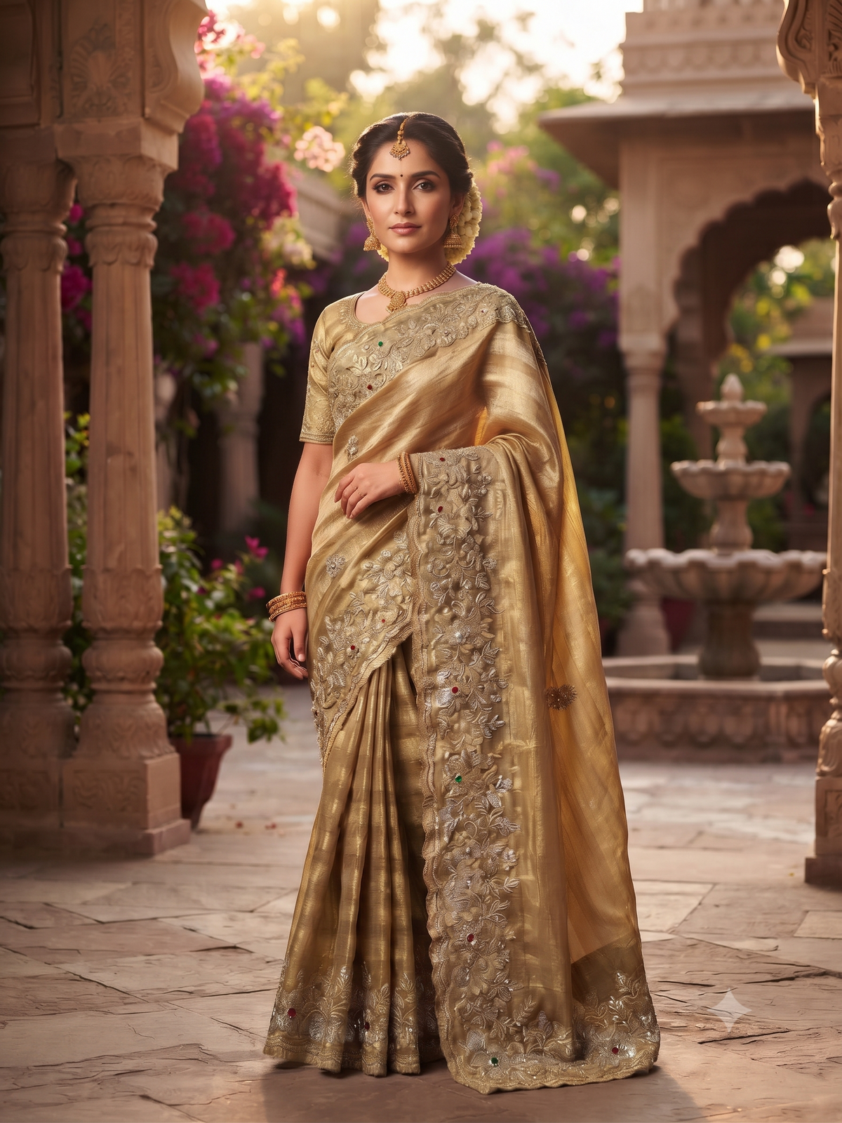 Golden Champagne Floral Embroidered Saree Main image