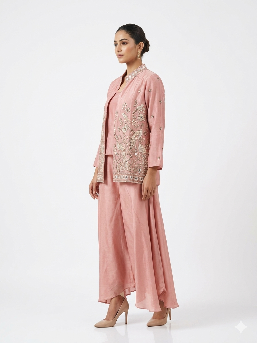 Buy Pink Three-Piece Co-ord Set with Embroidered Jacket & Palazzos for women