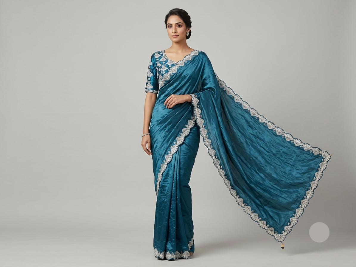 Teal Blue Silk Saree with Elegant Silver Embroidered Scalloped Border