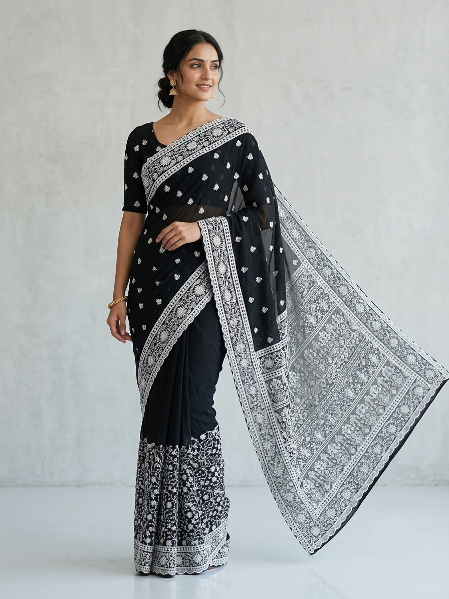 Elegant Black Organza Saree with White Floral Embroidery Main image
