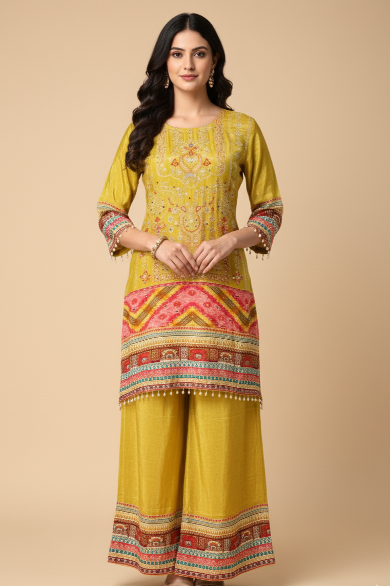 Zesty Lime Green Printed &amp; Embroidered Kurta Set (GB-5923 3P R-30)