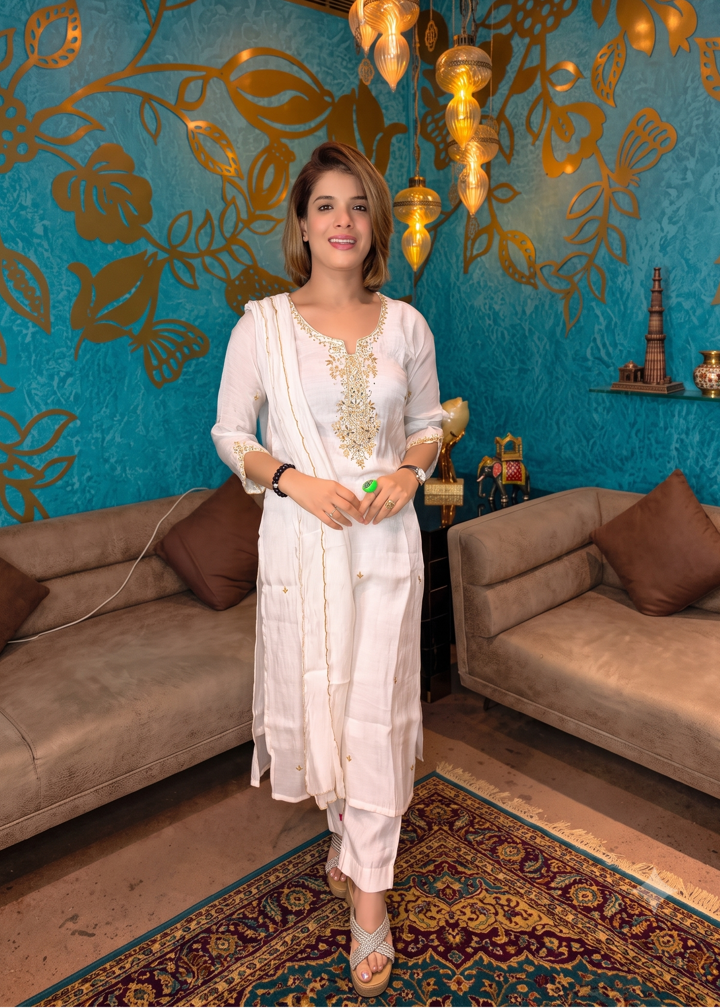 Off-White Embroidered Chanderi Silk Suit Secondary image