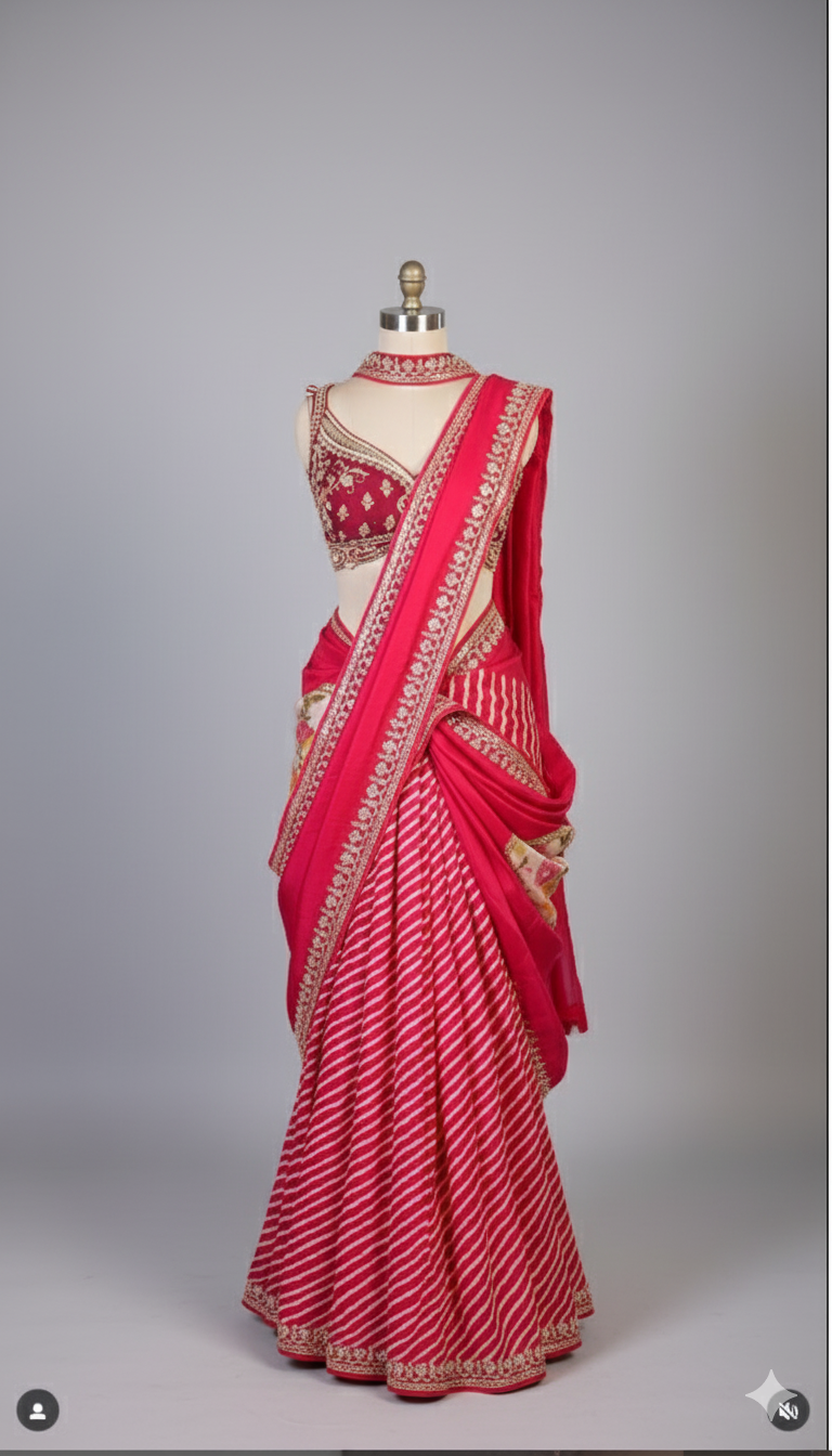 Hot Pink & Gold Leheriya Concept Saree (VDS4315 R-56)