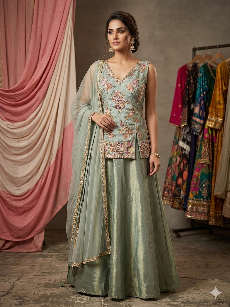 Buy Sleeveless Embroidered Peplum Tunic Top & Palazzo Set with Dupatta