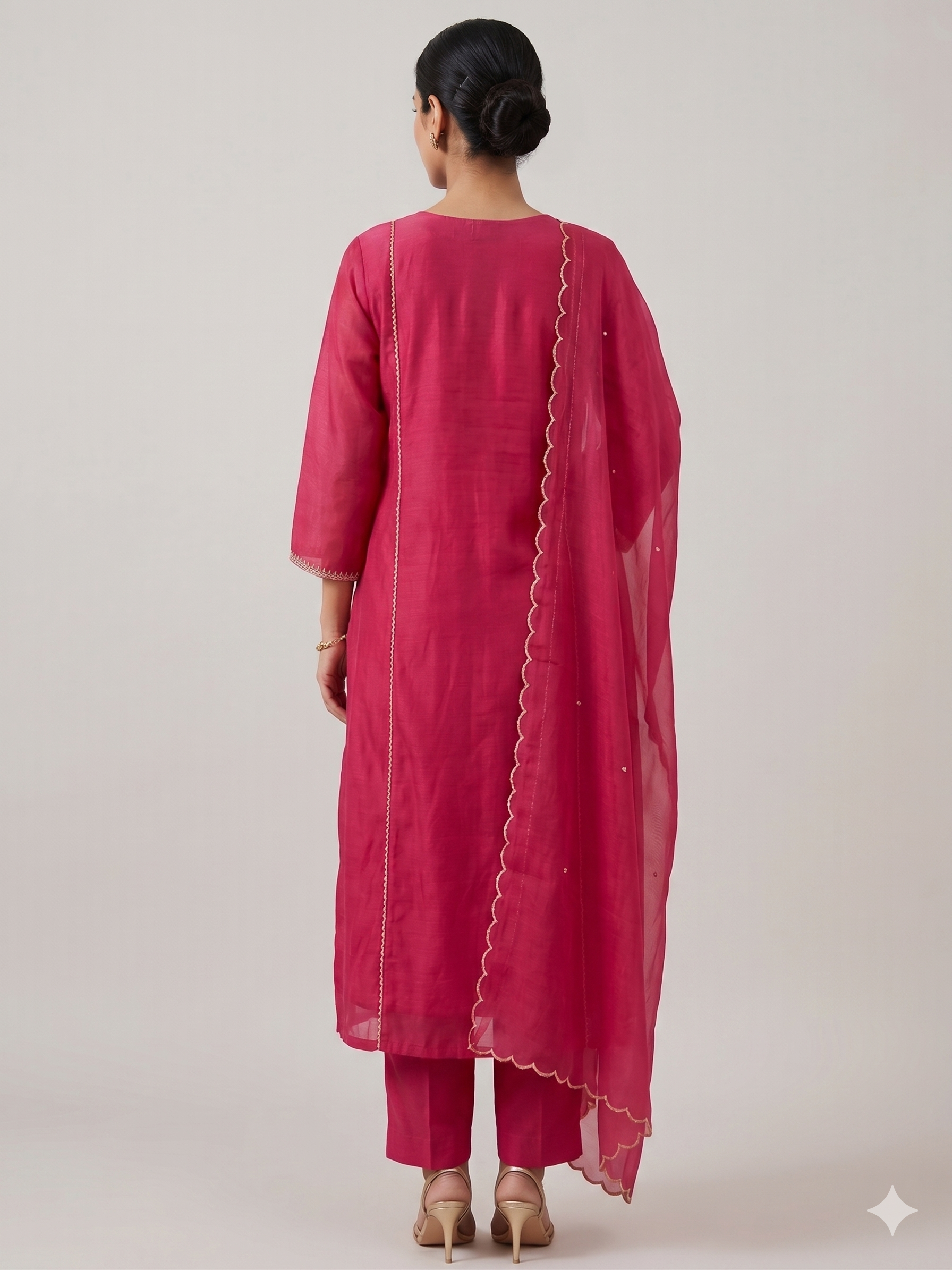 Fuschia Pink Silk Embroidered Pant Suit Set