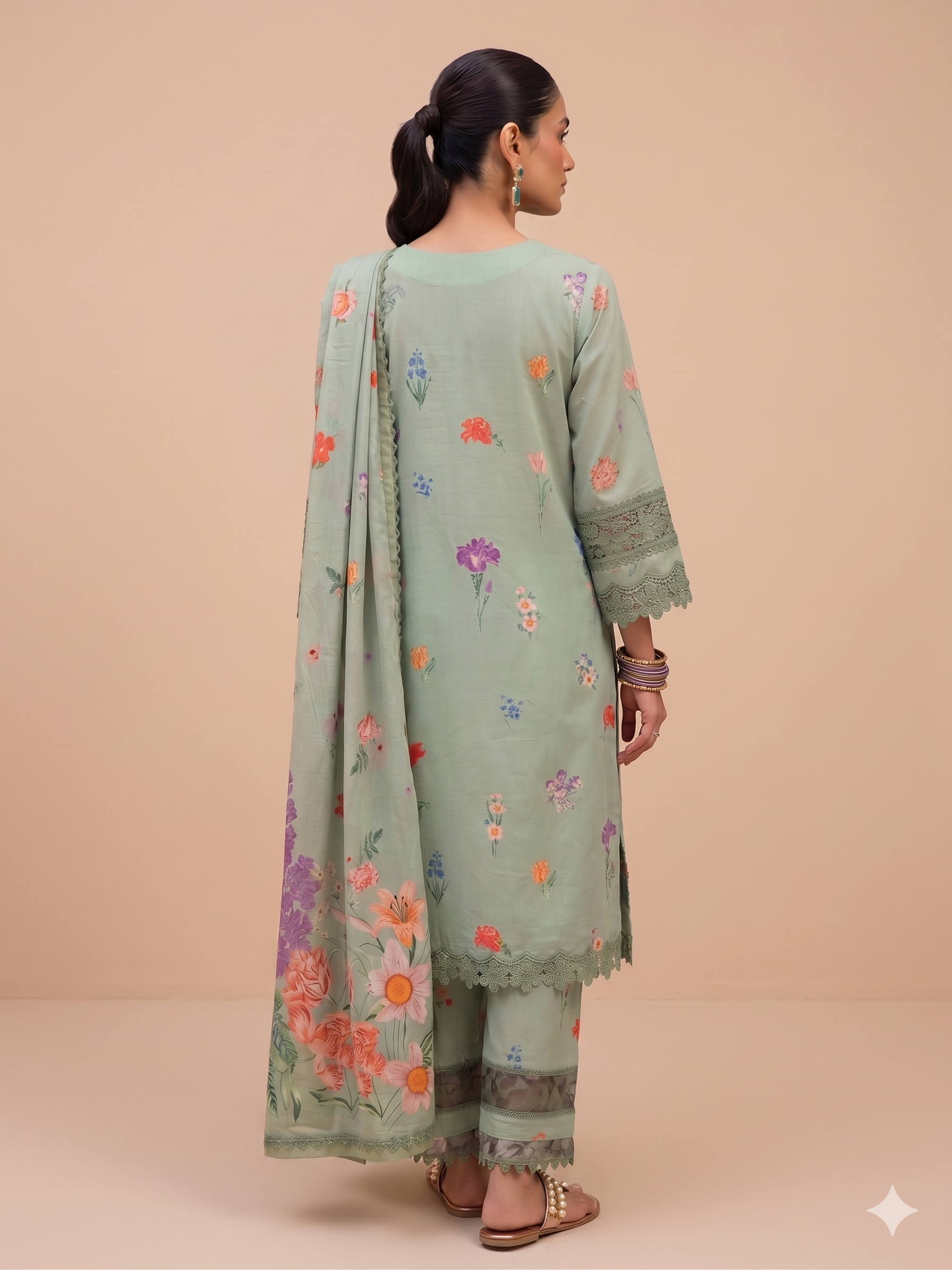 Pastel Floral Printed Suit with Crochet Lace Work