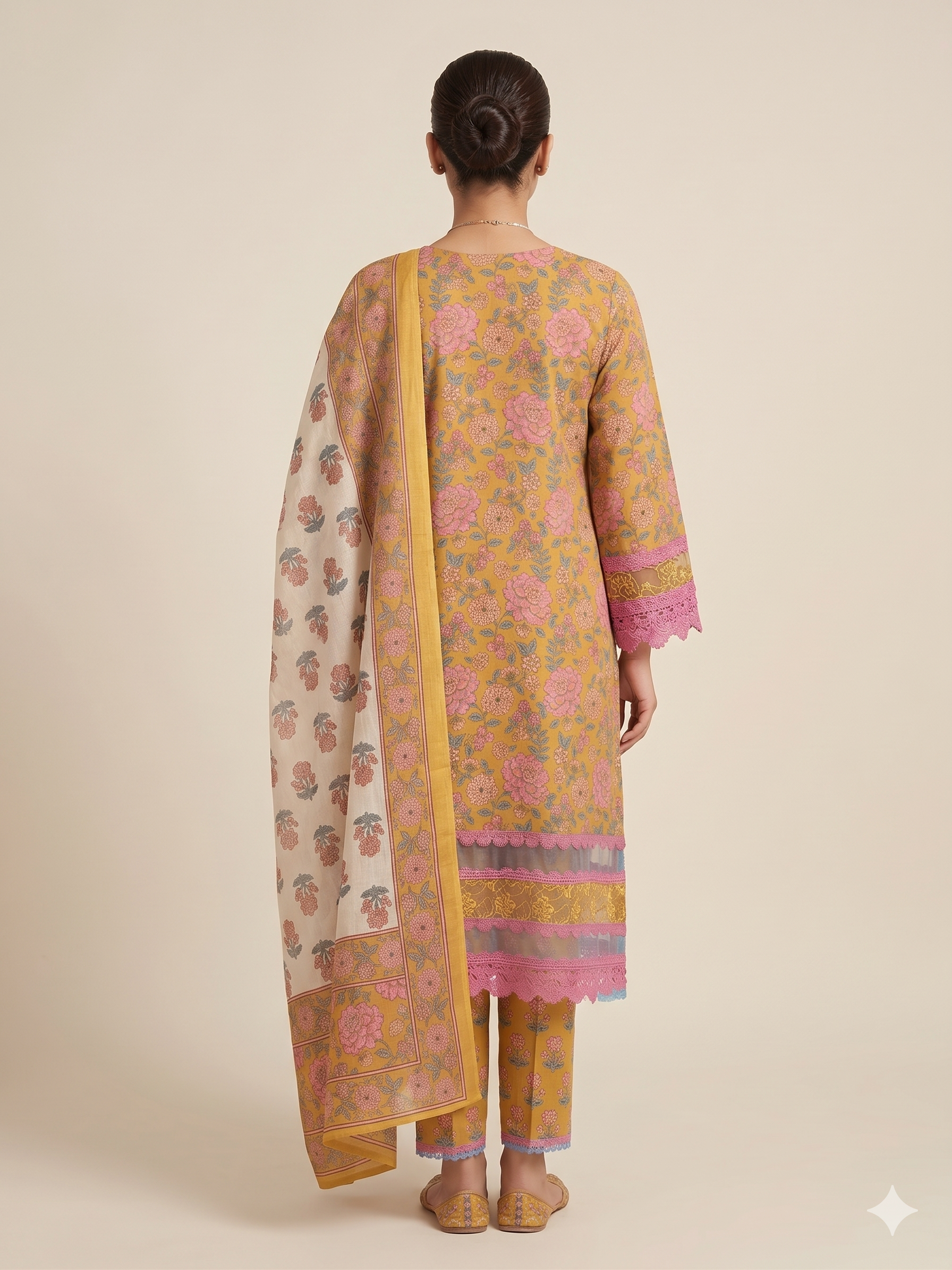 Mustard Floral Lace Kurta Set