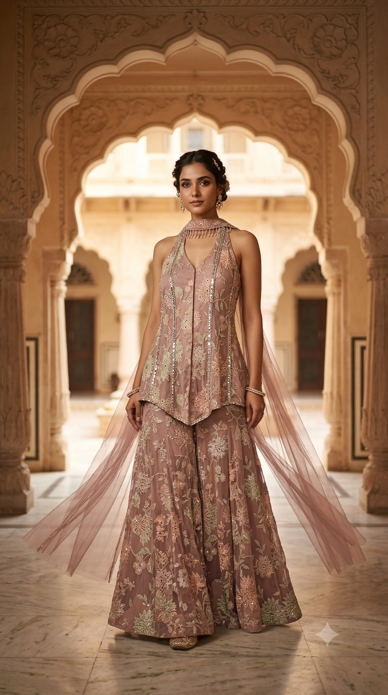 Dusty Rose-Mauve Embroidered Halter-Neck Peplum Kurti with Flared Palazzo