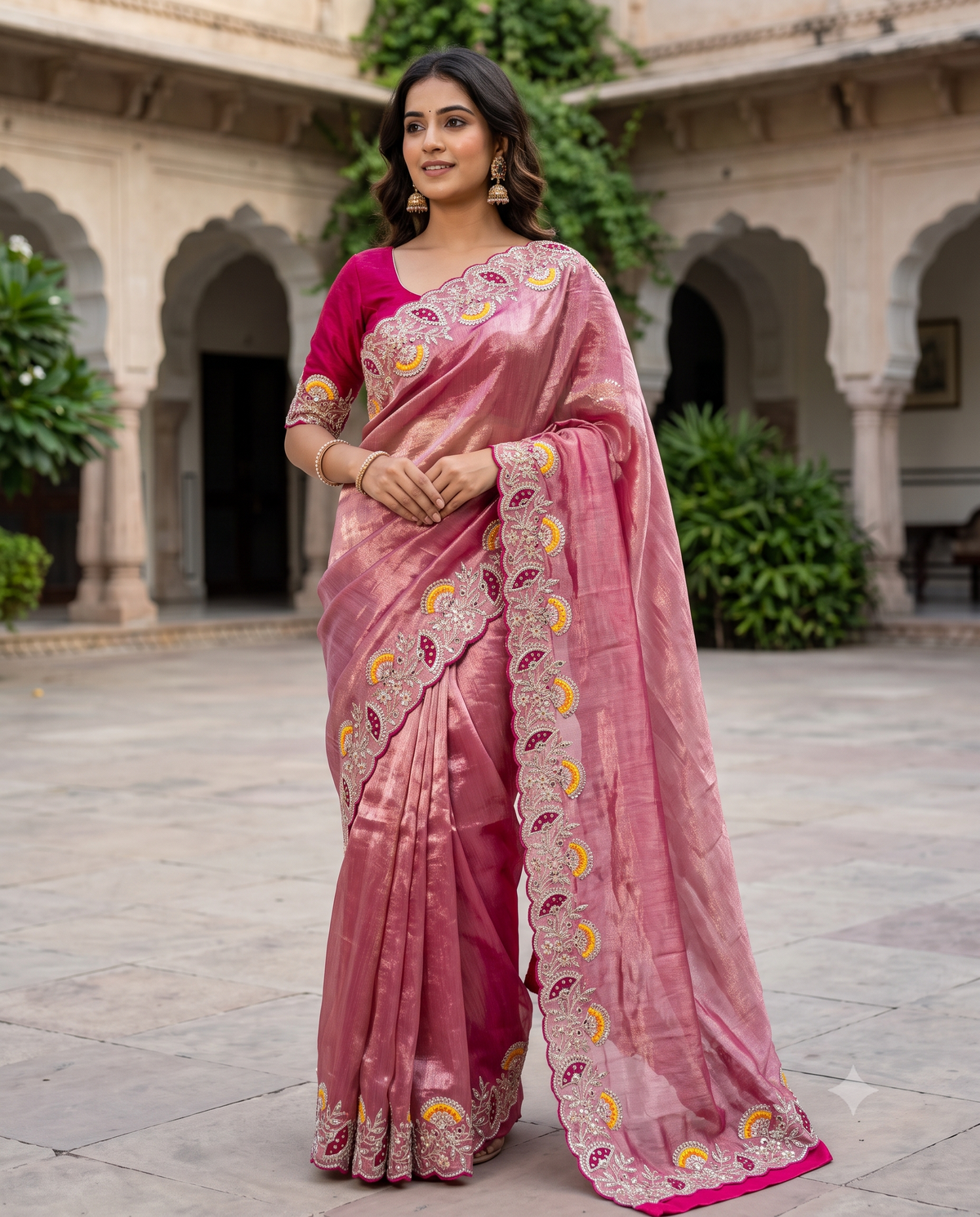 Dusty Rose Designer Saree with Multicolour Embroidered Scalloped Border