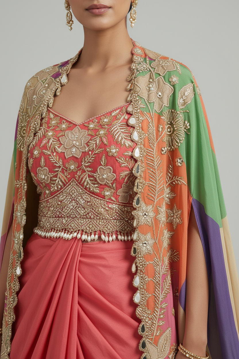 Embroidered Dhoti Skirt & Cape Set