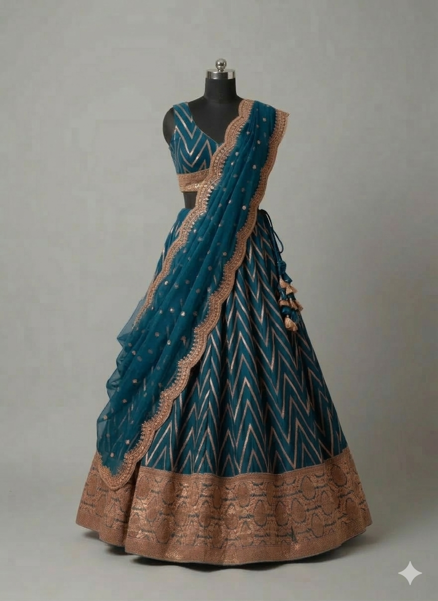 Ruby Red Chevron Silk Lehenga Set with Brocade Border (1036 GA-39)