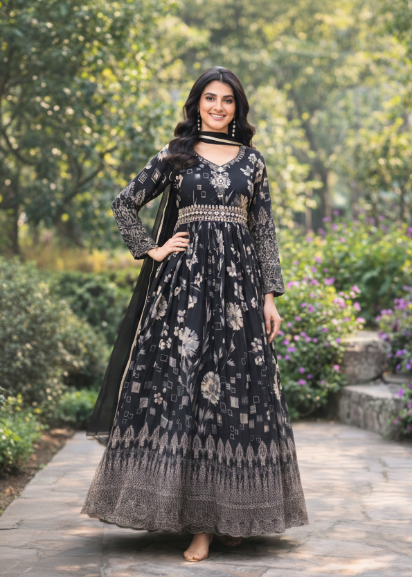 Elegance Redefined: Floral Printed Chinon Gown