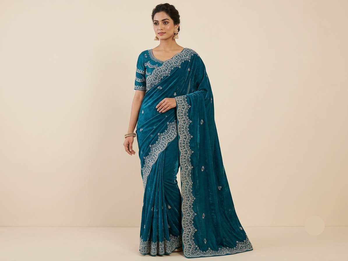 Green Silk Saree with Intricate Silver Embroidered Border Main image