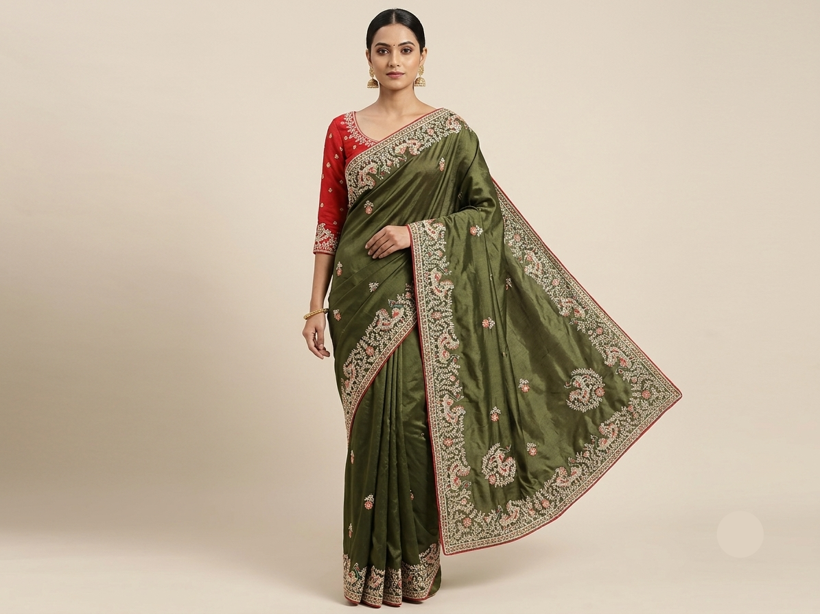 Olive Green Silk Saree with Intricate Embroidered Border & Red Blouse