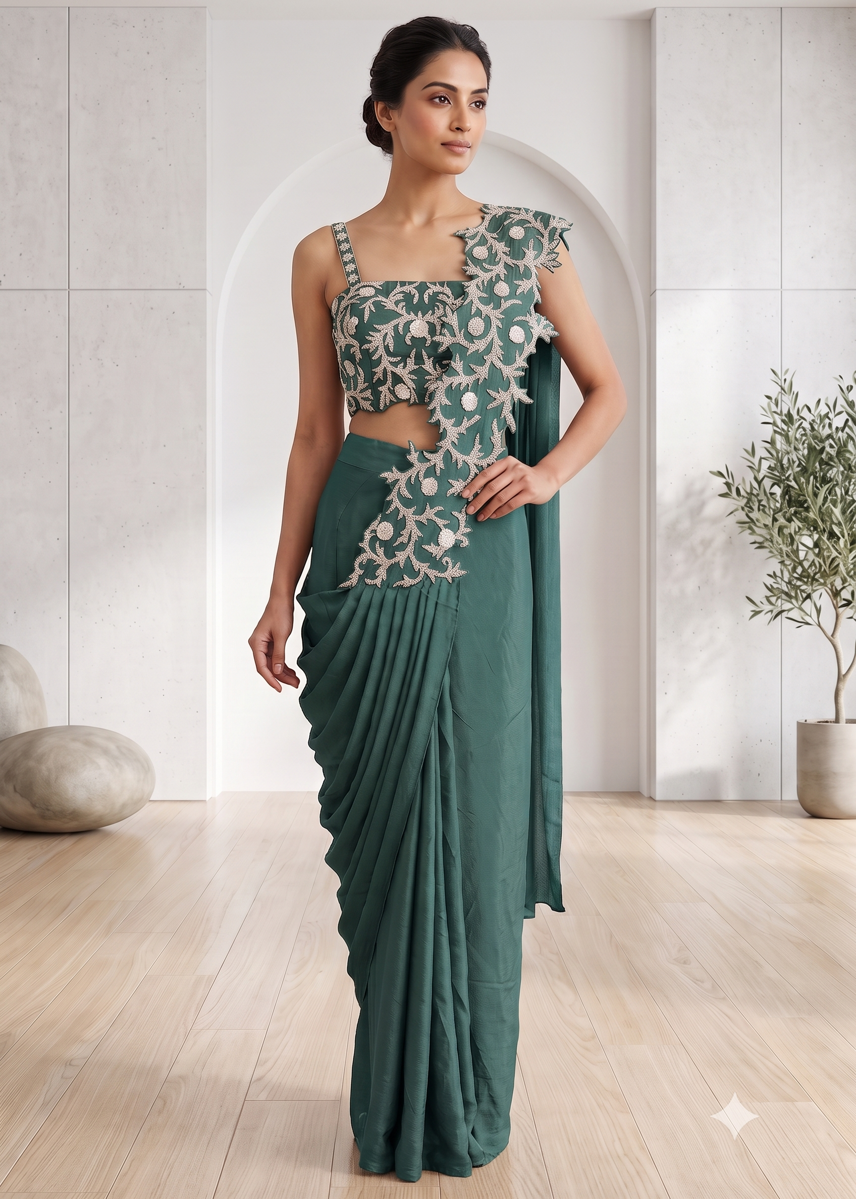 Embroidered Cutwork Pre-Draped Saree Secondary image