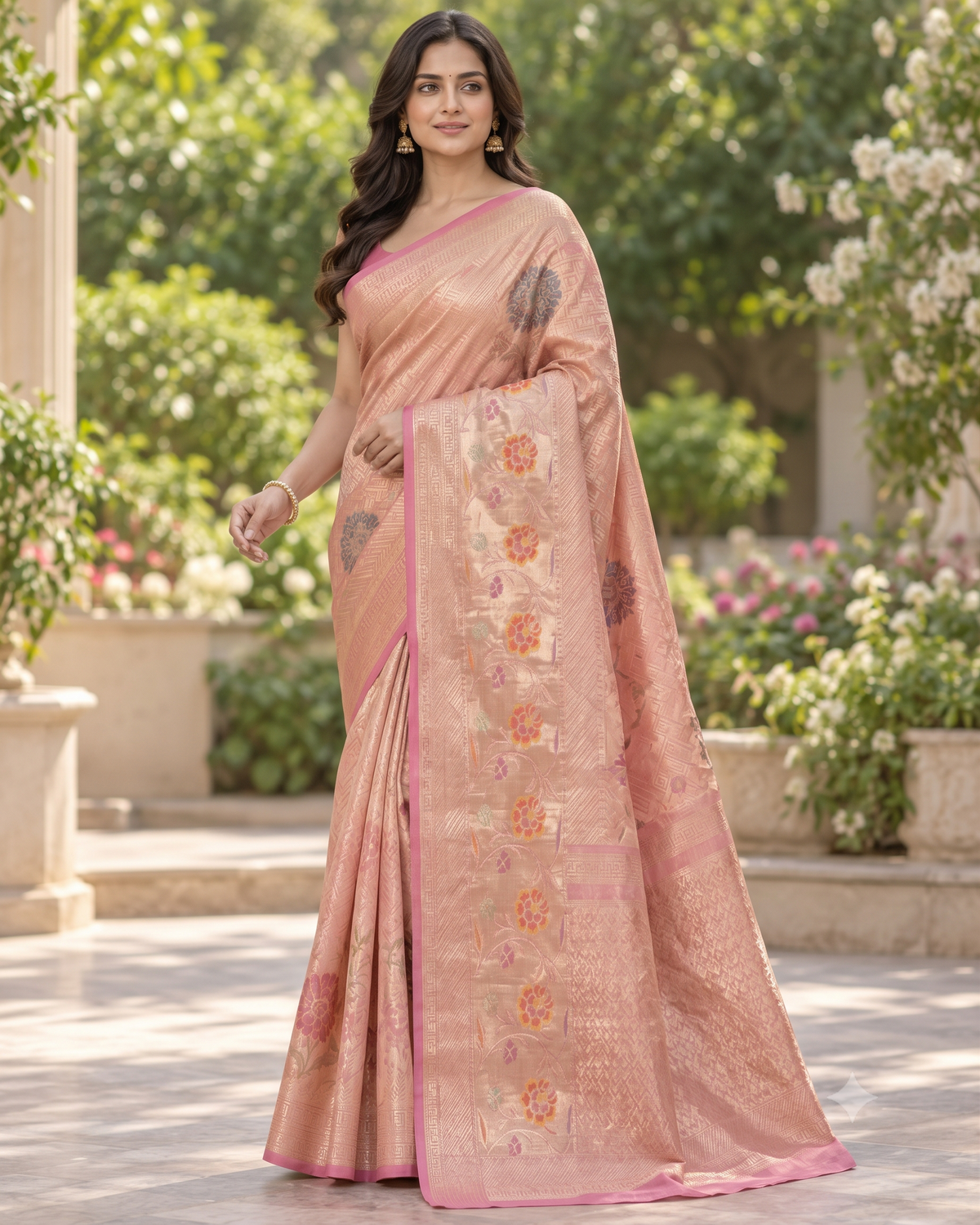 Peach Silk-Look Saree with Multicolour Floral Motifs