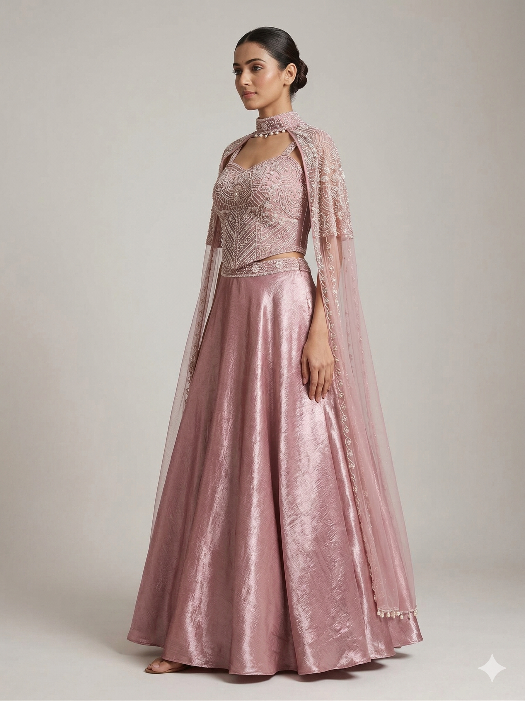 Cape-Style Embroidered Silk Lehenga