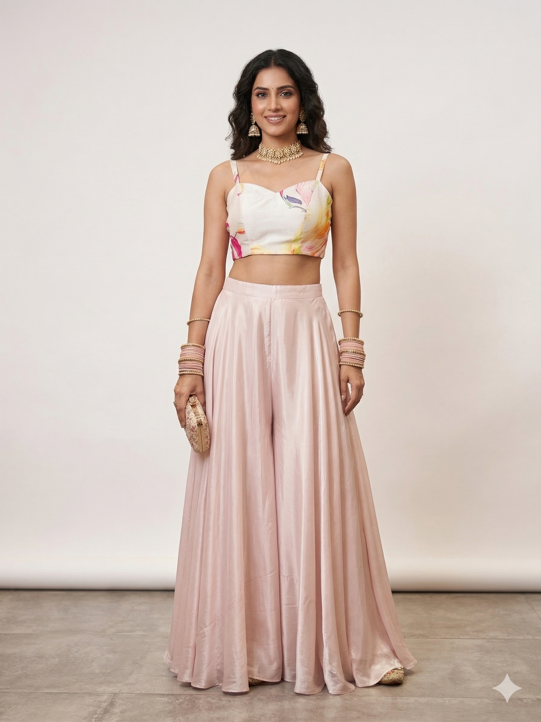 Shop Floral Blush Satin Palazzo Set with Printed Bustier
