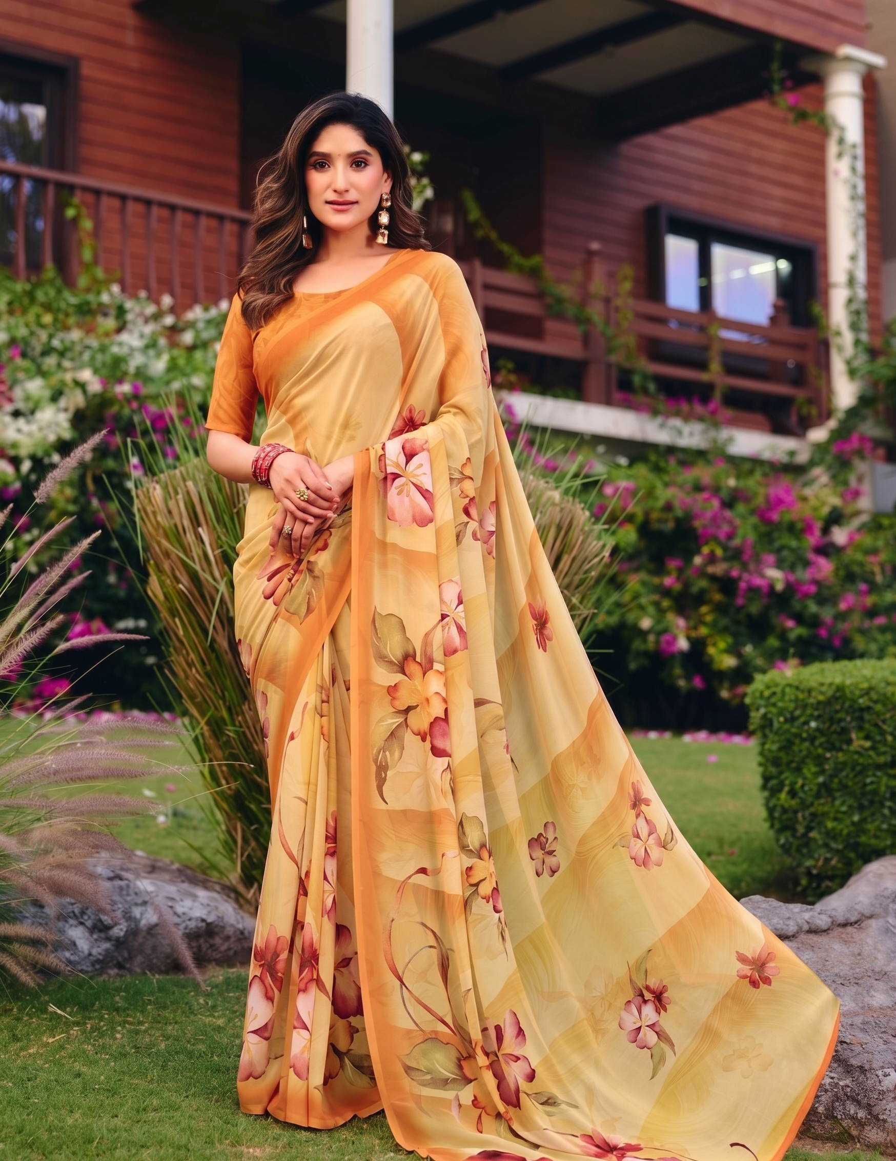 Golden Glow: Floral Print Saree