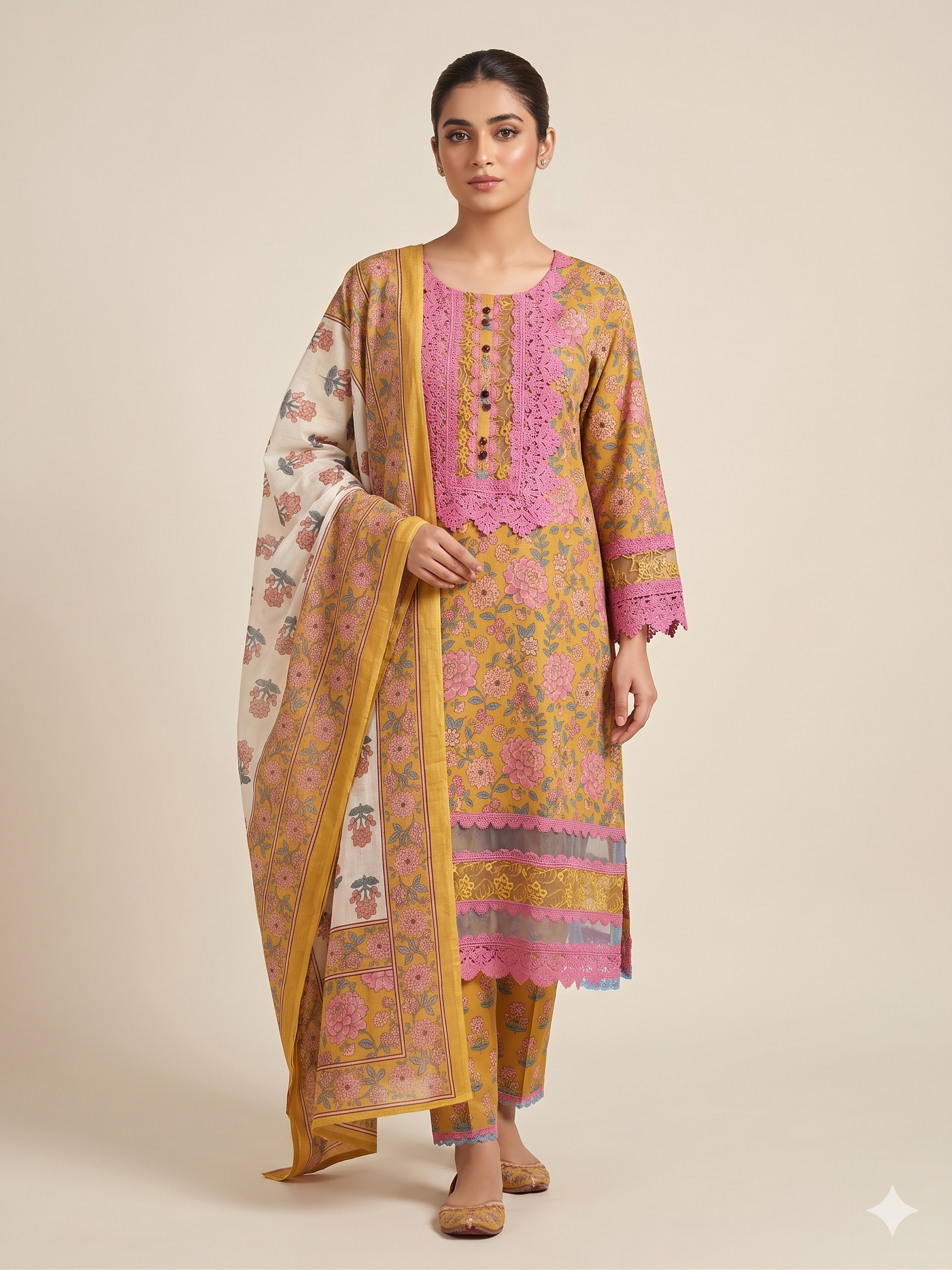 Mustard Floral Lace Kurta Set