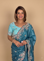 Floral Cutwork Teal Blue Silk Saree