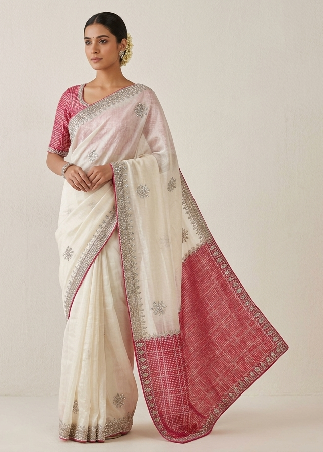Ivory Soft Fabric Saree with Silver Embellished Motifs Main image
