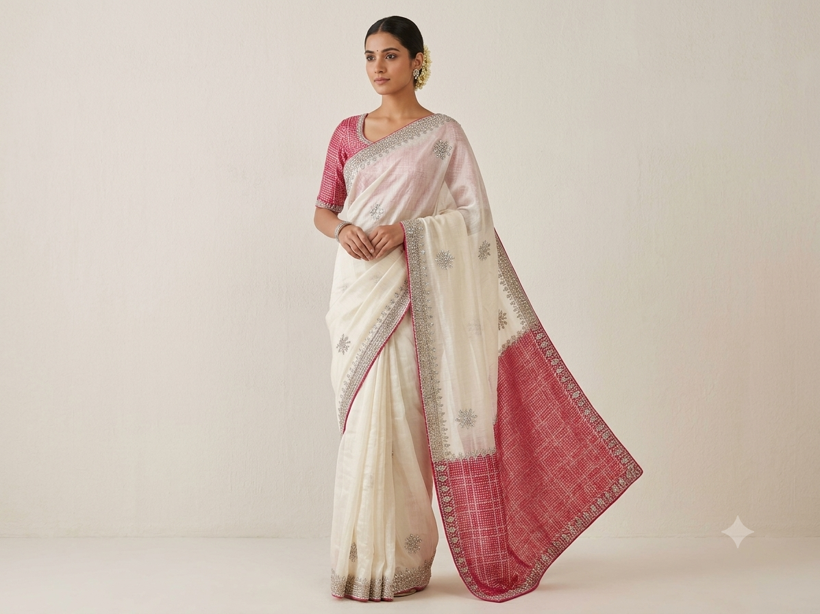 Ivory Soft Fabric Saree with Silver Embellished Motifs