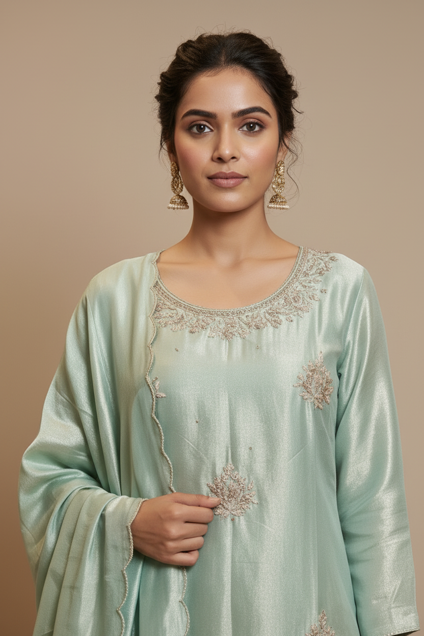 Elegant Seafoam Scalloped Sharara Set Secondary image