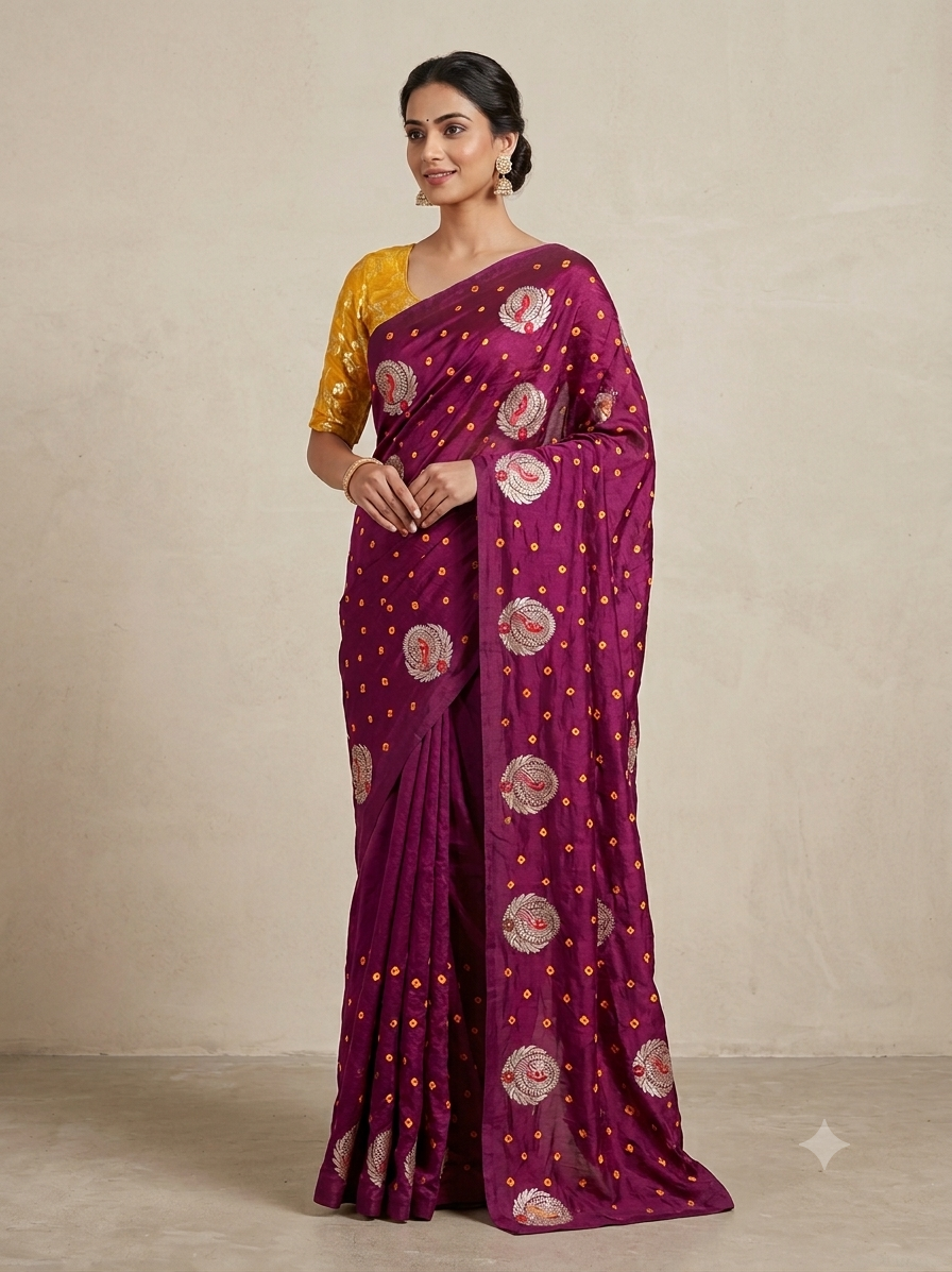 Wine Soft Fabric Saree with Embroidered Paisley Motifs