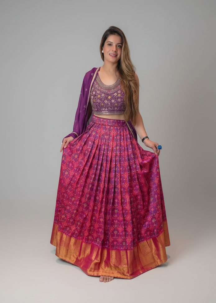 Purple Ikat Print Silk Lehenga Set Main image