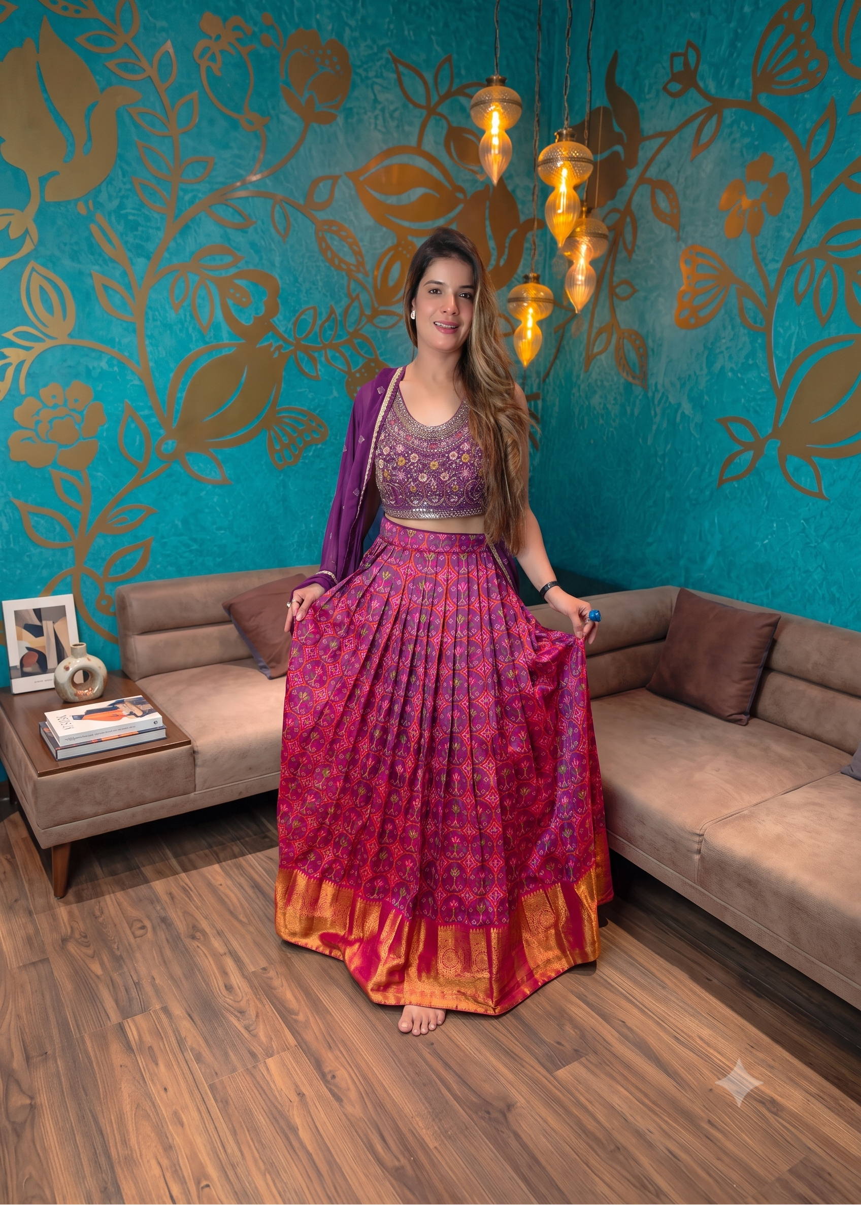 Purple Ikat Print Silk Lehenga Set