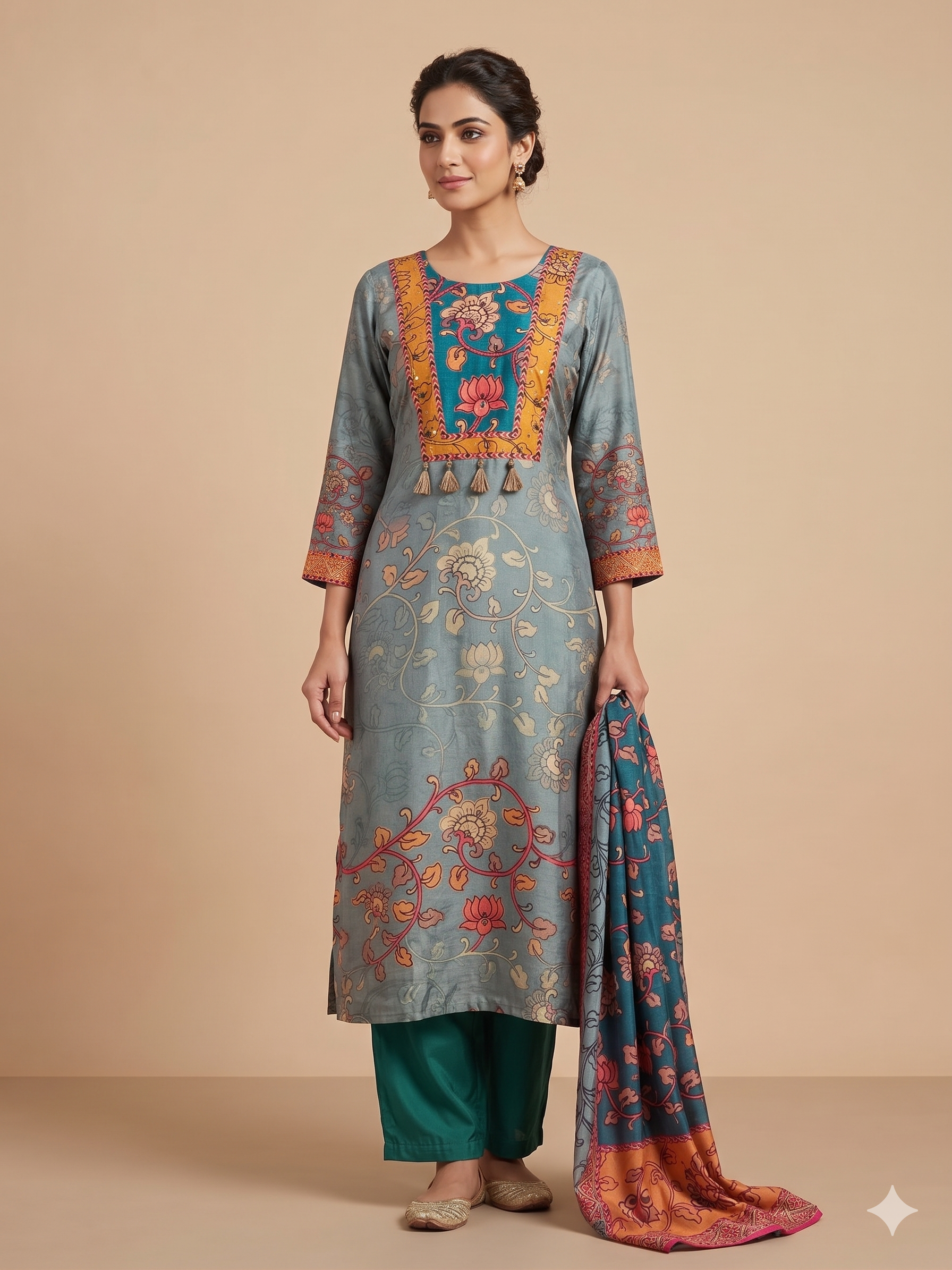 Kalamkari Print Floral Silk Suit Set Secondary image