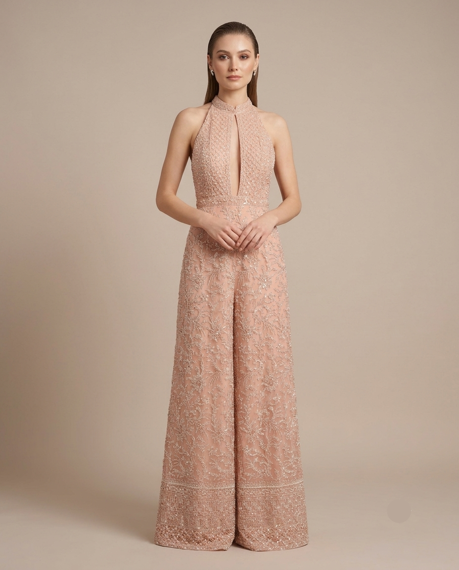Blush Peach Heavily Embellished Halter-Neck Jumpsuit
