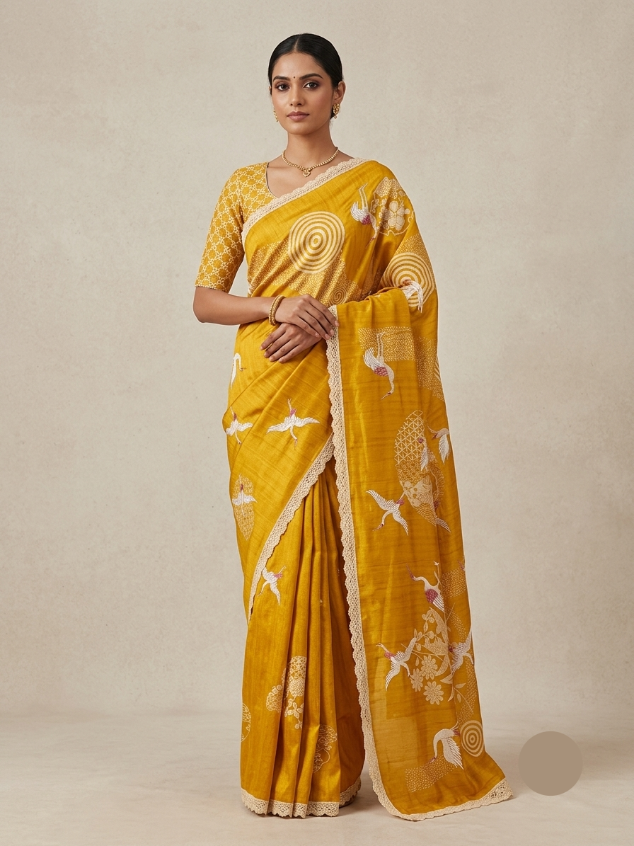 Mustard Yellow Handloom Saree with Traditional Bird Motifs Main image