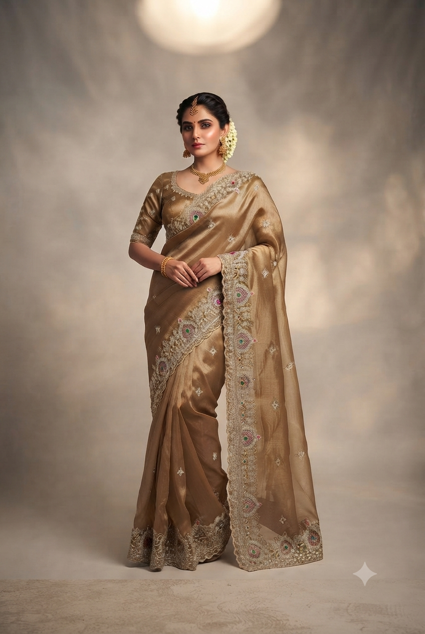 Antique Gold Floral Embroidered Saree Main image