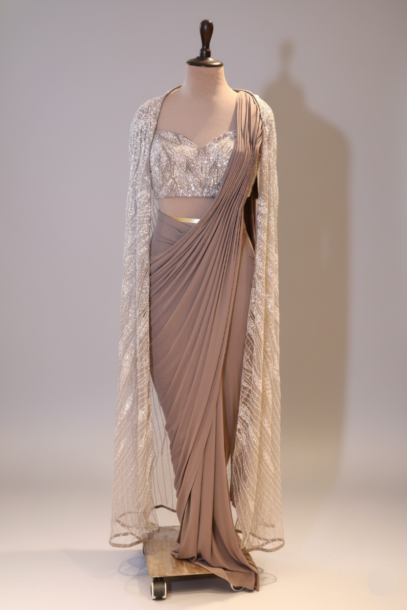 Taupe Glamour Drape with Embellished Cape(KDS-24-90 D-104)