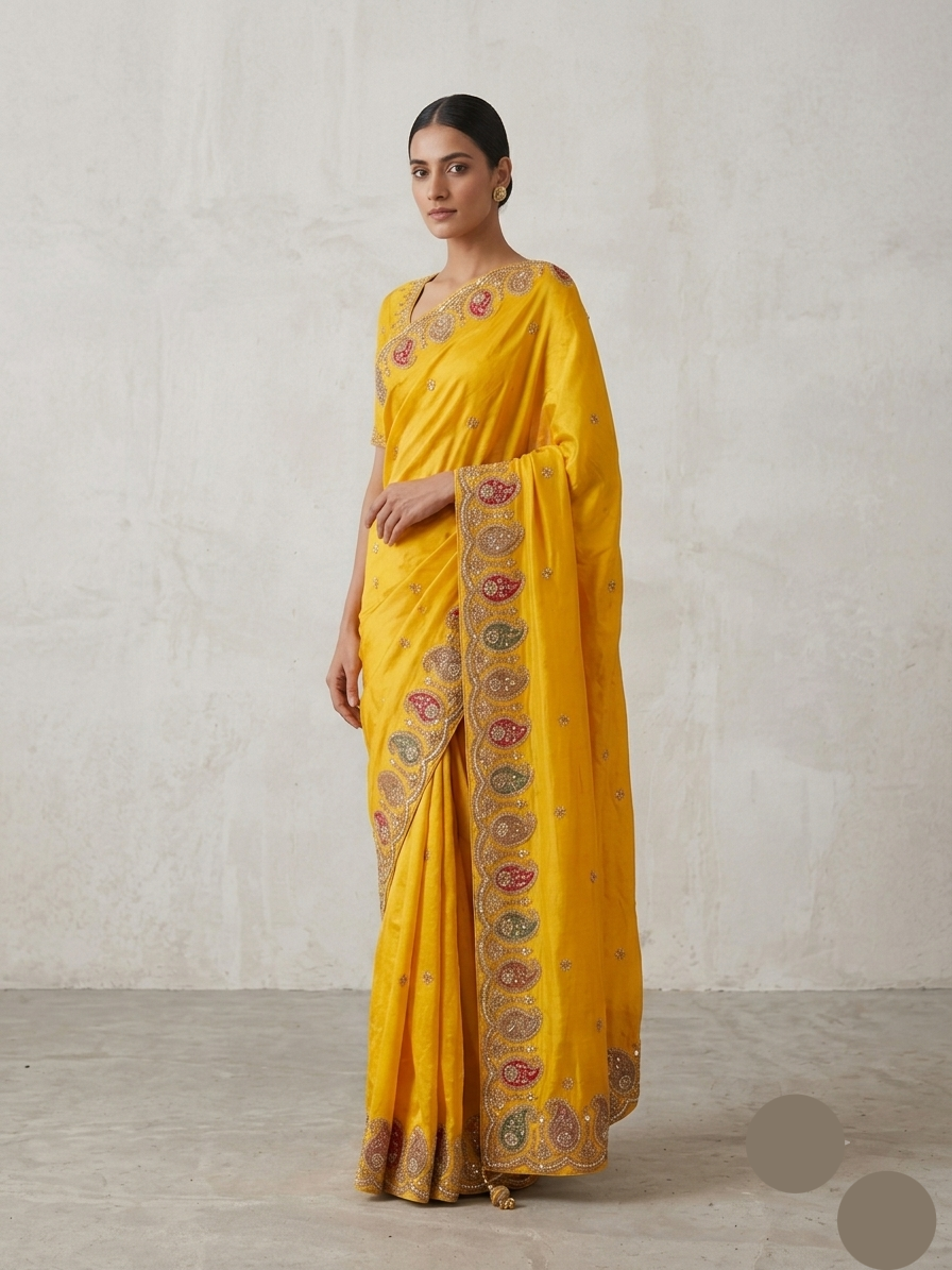 Elegant Mustard Yellow Soft Fabric Saree with Multicolour Embroidery