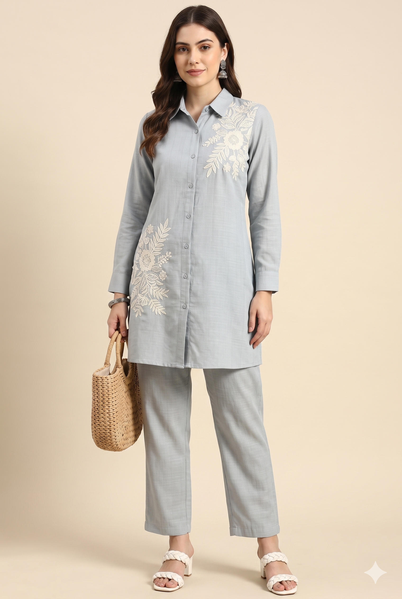 Pastel Pink Embroidered Linen Co-ord Set